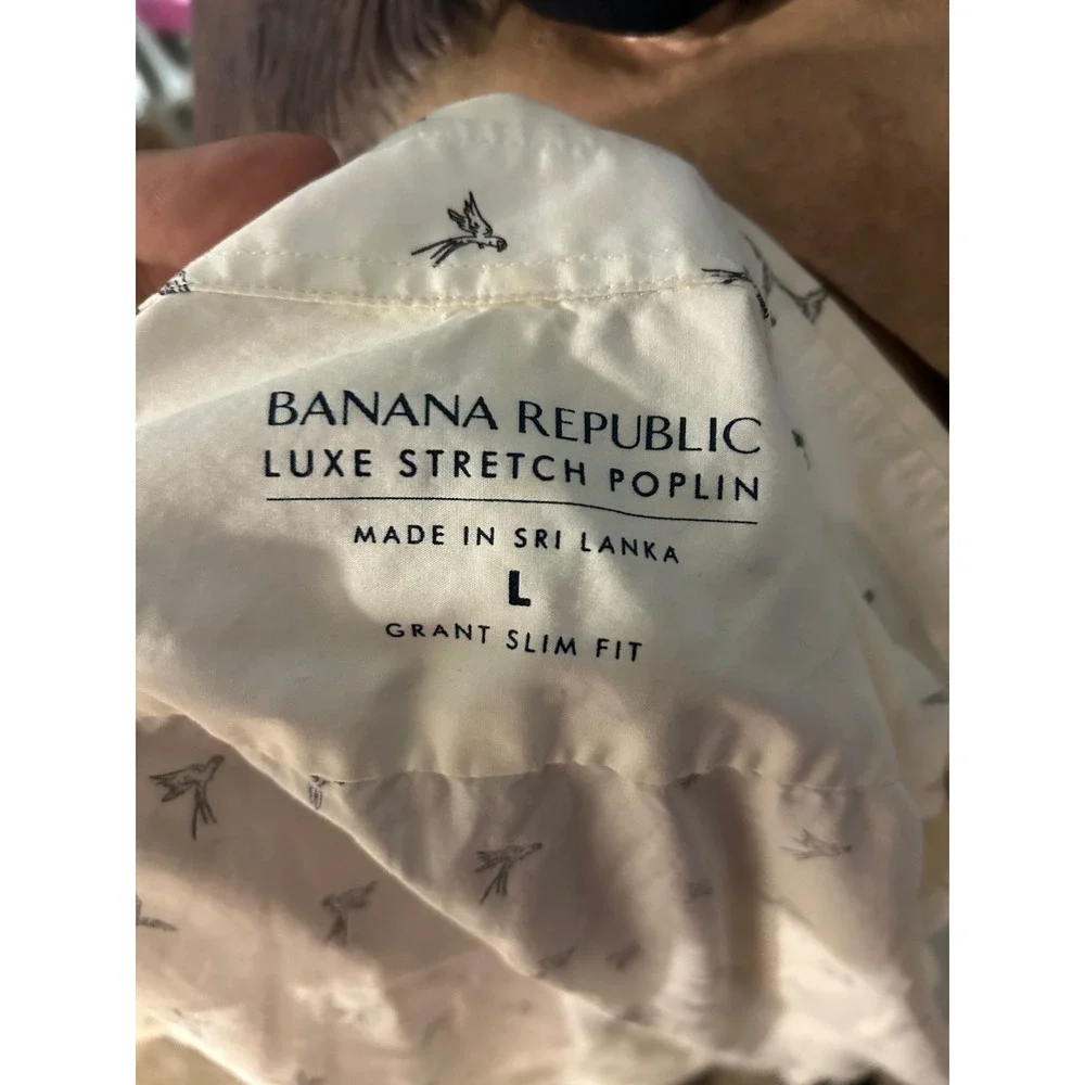 Banana Republic Luxe Stretch Poplin Grant Slim Fit Bird Print Shirt White Mens L